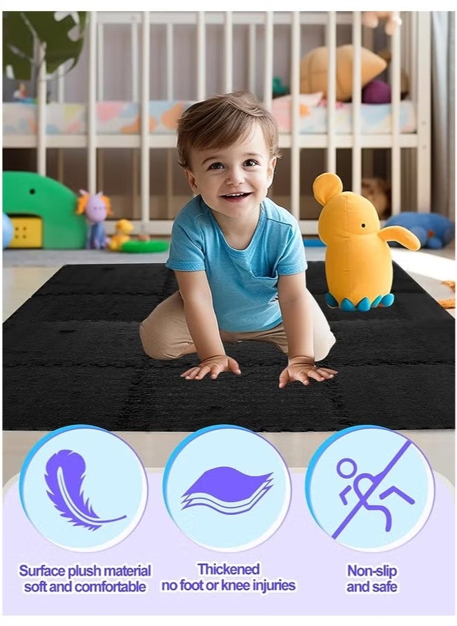 Plush Foam Floor Mat,Interlocking Carpet,Plush Puzzle Foam Floor Mat,Tiles Plush Puzzle Foam Floor Mat,Square Interlocking Carpet Tiles,Square Interlocking Fluffy Tiles,Soft Area Rugs,Border Fluffy Play Mat,Soft Climbing Area Rugs,Plush Foam Floor Mat for Home Playroom Decor,30x30cm (Black)