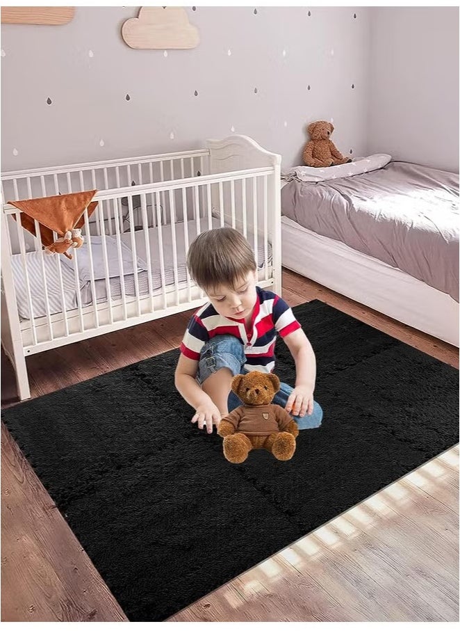 Plush Foam Floor Mat,Interlocking Carpet,Plush Puzzle Foam Floor Mat,Tiles Plush Puzzle Foam Floor Mat,Square Interlocking Carpet Tiles,Square Interlocking Fluffy Tiles,Soft Area Rugs,Border Fluffy Play Mat,Soft Climbing Area Rugs,Plush Foam Floor Mat for Home Playroom Decor,30x30cm (Black)