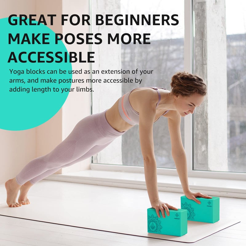 Overmont Yoga Block 2 Pack Supportive Latex-Free EVA Foam Soft Non-Slip Surface for General Fitness Pilates Stretching and Meditation 9"x6"x3" Yoga Strap Included - Image 2