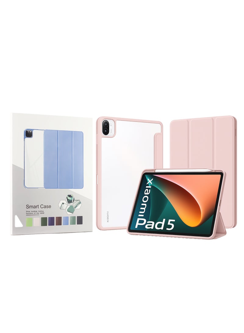 جراب لجهاز Xiaomi Pad 5 / Xiaomi Mi Pad 5 Pro مقاس 11 بوصة مع حامل قلم، جراب ذكي مقاوم للصدمات مع غطاء خلفي شفاف واقٍ متوافق مع الجيل العاشر (وردي)