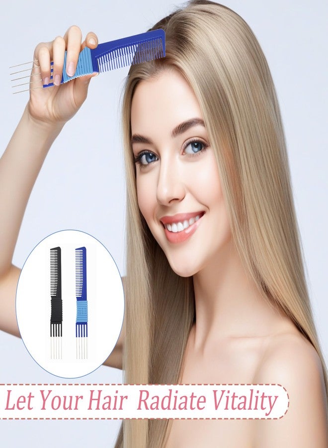 YQQYG 2 PCS Comb with Prongs on, Lift Teasing Comb for Fine Hairs, Hair Backcombing Combs, Hair Pick Salon Teasing Metal Pick Lifting Fluffing Combs for Women Men Curly Hairs(Black, Blue) - Image 3