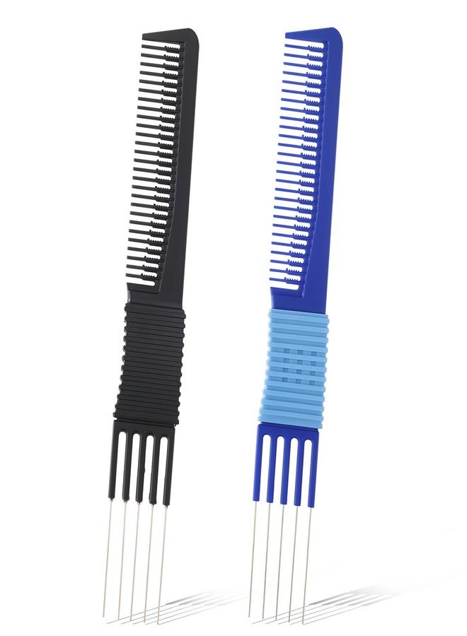 YQQYG 2 PCS Comb with Prongs on, Lift Teasing Comb for Fine Hairs, Hair Backcombing Combs, Hair Pick Salon Teasing Metal Pick Lifting Fluffing Combs for Women Men Curly Hairs(Black, Blue) - Image 1