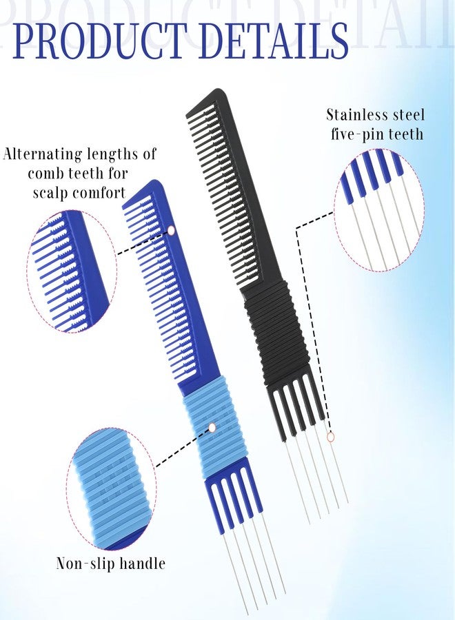 YQQYG 2 PCS Comb with Prongs on, Lift Teasing Comb for Fine Hairs, Hair Backcombing Combs, Hair Pick Salon Teasing Metal Pick Lifting Fluffing Combs for Women Men Curly Hairs(Black, Blue) - Image 2