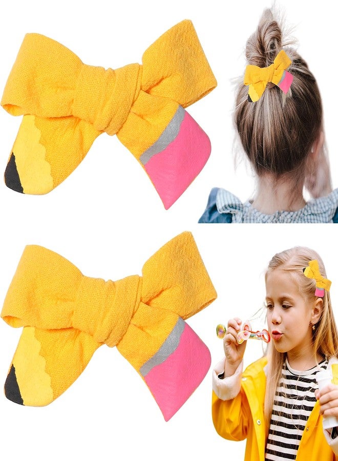 SARATA Back to School Hair Clips Pencil Hair Bows Ponytail Holder Yellow Bow Hair Clips for Baby Girls' First Day of School Kindergarten Students Snap Hairpin Handmade Cheer Gifts Decor 2pcs - Image 1