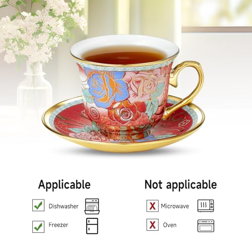 XRBEOU Tea Cups and Saucers, Tea Cup Set of 6, 8 OZ Floral Cups Porcelain Cup Set for Cappuccino, Coffee, Afternoon Tea Birthday Party Supply Housewarming Gift - Image 4