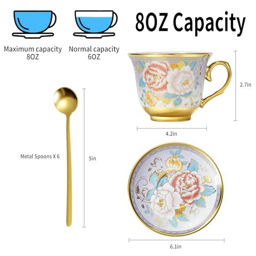 XRBEOU Tea Cups and Saucers, Tea Cup Set of 6, 8 OZ Floral Cups Porcelain Cup Set for Cappuccino, Coffee, Afternoon Tea Birthday Party Supply Housewarming Gift - Image 2
