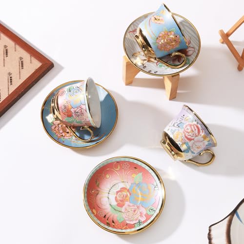 XRBEOU Tea Cups and Saucers, Tea Cup Set of 6, 8 OZ Floral Cups Porcelain Cup Set for Cappuccino, Coffee, Afternoon Tea Birthday Party Supply Housewarming Gift - Image 5