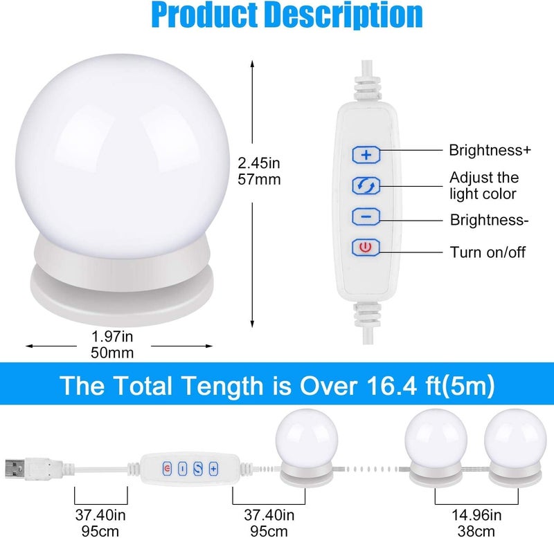 Hold Up LED Vanity Mirror Lights Kit - Hollywood Style With 10 Dimmable Bulbs, 3 Color Modes for Makeup, Table, Bathroom, Dressing Room - Image 3