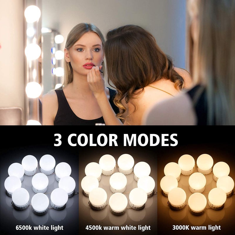 Hold Up LED Vanity Mirror Lights Kit - Hollywood Style With 10 Dimmable Bulbs, 3 Color Modes for Makeup, Table, Bathroom, Dressing Room - Image 2