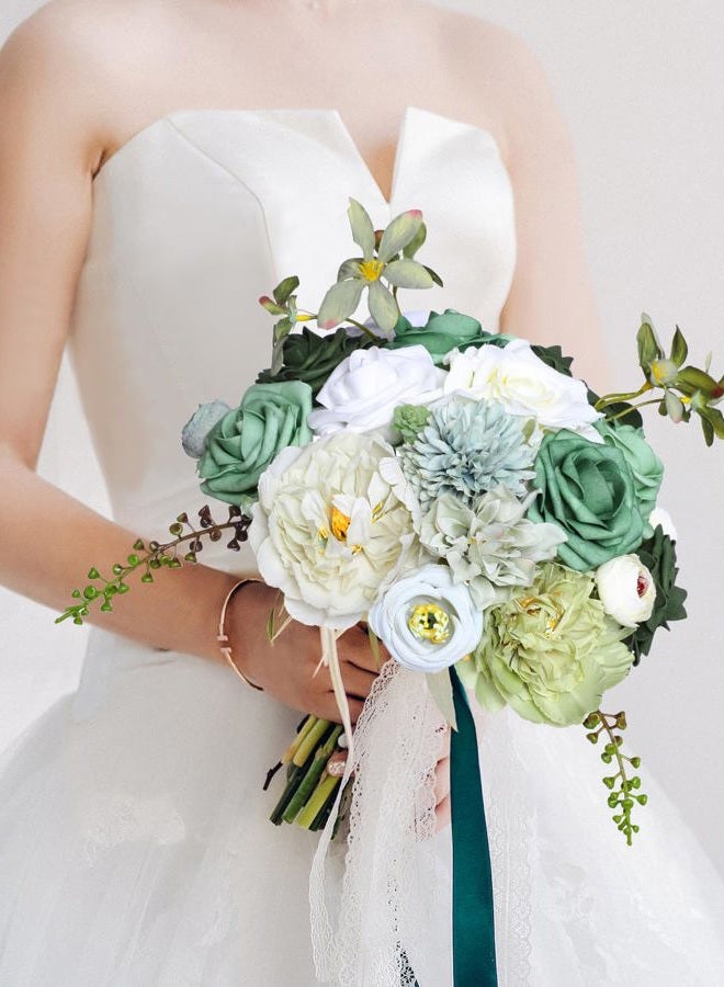 Kisflower Green Artificial Flowers Combo Cake Flowers Decorations Fake Hydrangea Dahlia Silk Roses Gift Box for DIY Wedding Bridal Bouquet Centerpieces Arrangements Party Holiday Decor (Forest Green) - Image 3