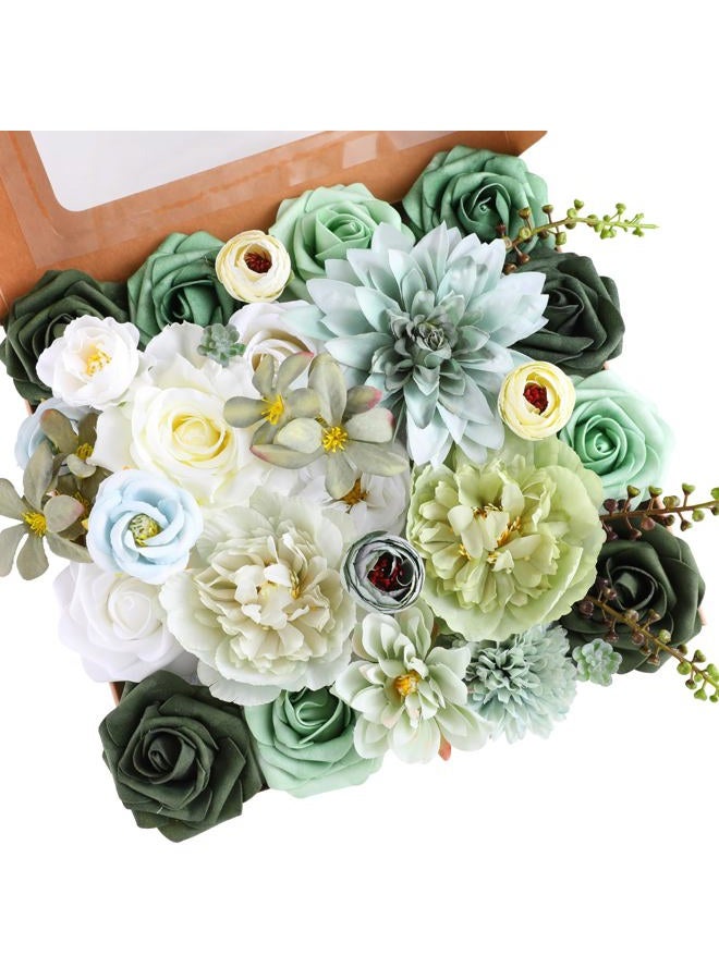 Kisflower Green Artificial Flowers Combo Cake Flowers Decorations Fake Hydrangea Dahlia Silk Roses Gift Box for DIY Wedding Bridal Bouquet Centerpieces Arrangements Party Holiday Decor (Forest Green) - Image 1