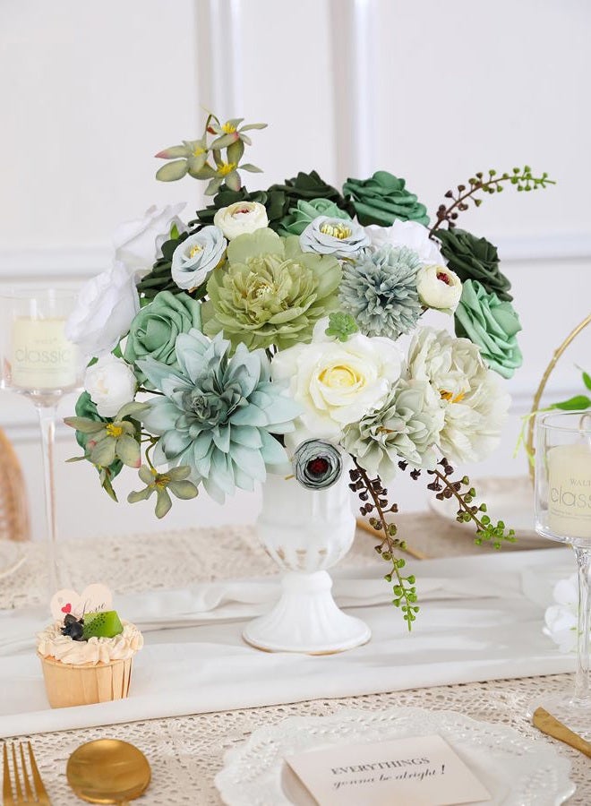 Kisflower Green Artificial Flowers Combo Cake Flowers Decorations Fake Hydrangea Dahlia Silk Roses Gift Box for DIY Wedding Bridal Bouquet Centerpieces Arrangements Party Holiday Decor (Forest Green) - Image 5