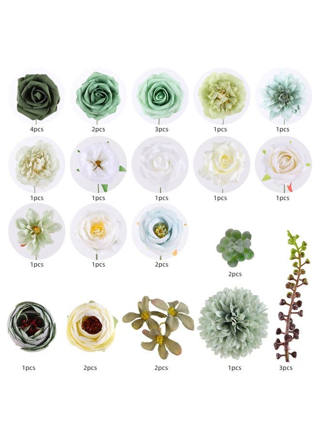 Kisflower Green Artificial Flowers Combo Cake Flowers Decorations Fake Hydrangea Dahlia Silk Roses Gift Box for DIY Wedding Bridal Bouquet Centerpieces Arrangements Party Holiday Decor (Forest Green) - Image 2