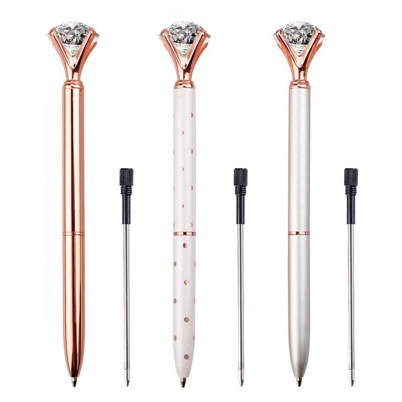 LONGKEY 3 PCS Ballpoint Pens Large Crystal Diamond Pen Bling Metal Office and School, Silver/White Rose Polka Dot/Rose Gold, Includ 3 Pen Refills - Image 2