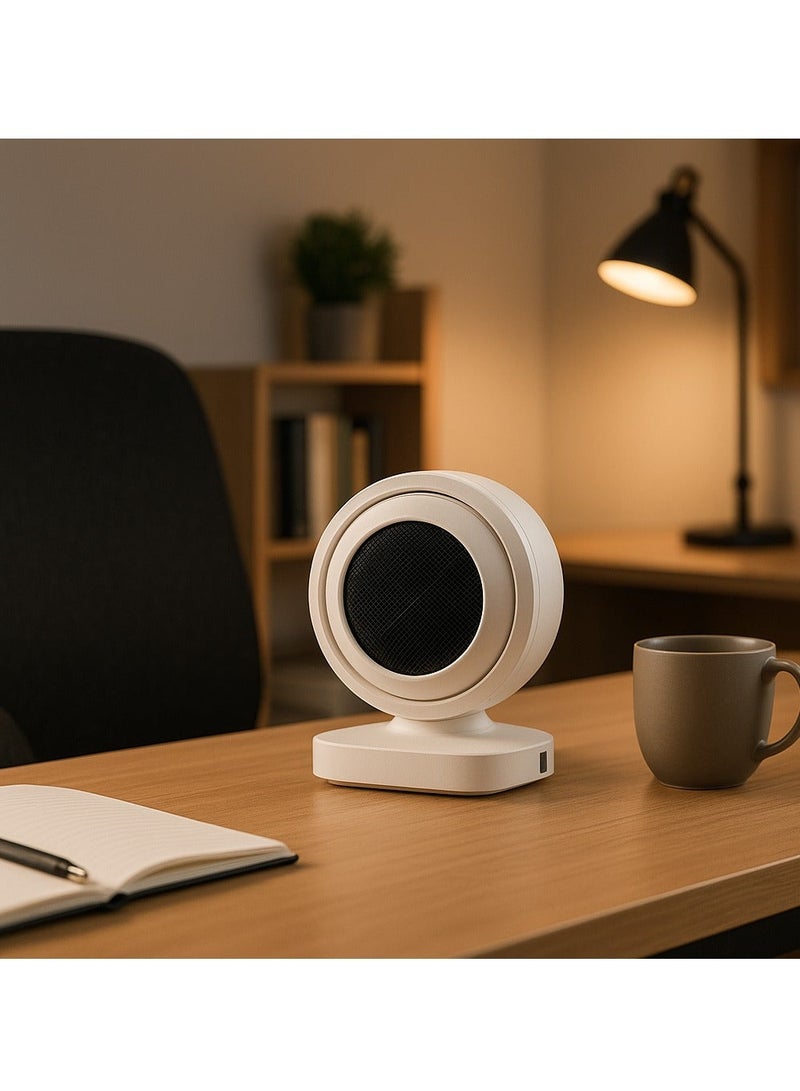 مدفأة مروحة شخصية صغيرة وعصرية (1800 واط) بتصميم دائري للمكتب والمنزل، سخان سيراميك PTC آمن وموفر للطاقة، مزودة بـمؤقت  للتحكم في درجة الحرارة، تعمل بهدوء وحماية من السخونة الزائدة، لون أبيض أنيق. - Image 3