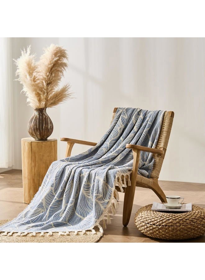 DOWN HOME Boho Blanket for Couch, Chenille Cotton Lightweight Blanket for Bed Sofa Chair Living Room Outdoor Soft Cozy Home Decorative Throw with Tassel Gift Blue Leaves 60"x80" - Image 2