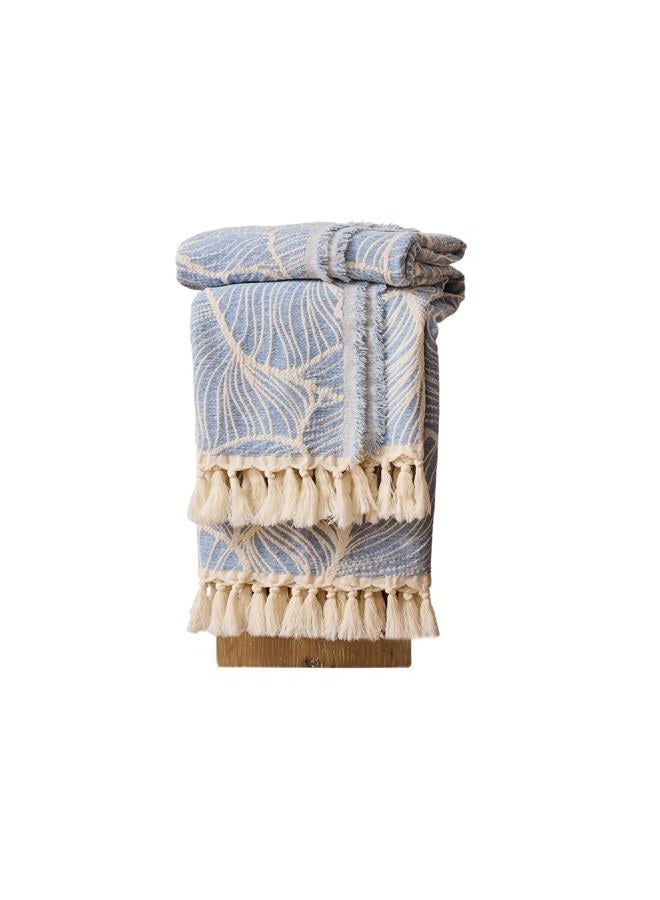 DOWN HOME Boho Blanket for Couch, Chenille Cotton Lightweight Blanket for Bed Sofa Chair Living Room Outdoor Soft Cozy Home Decorative Throw with Tassel Gift Blue Leaves 60"x80" - Image 1