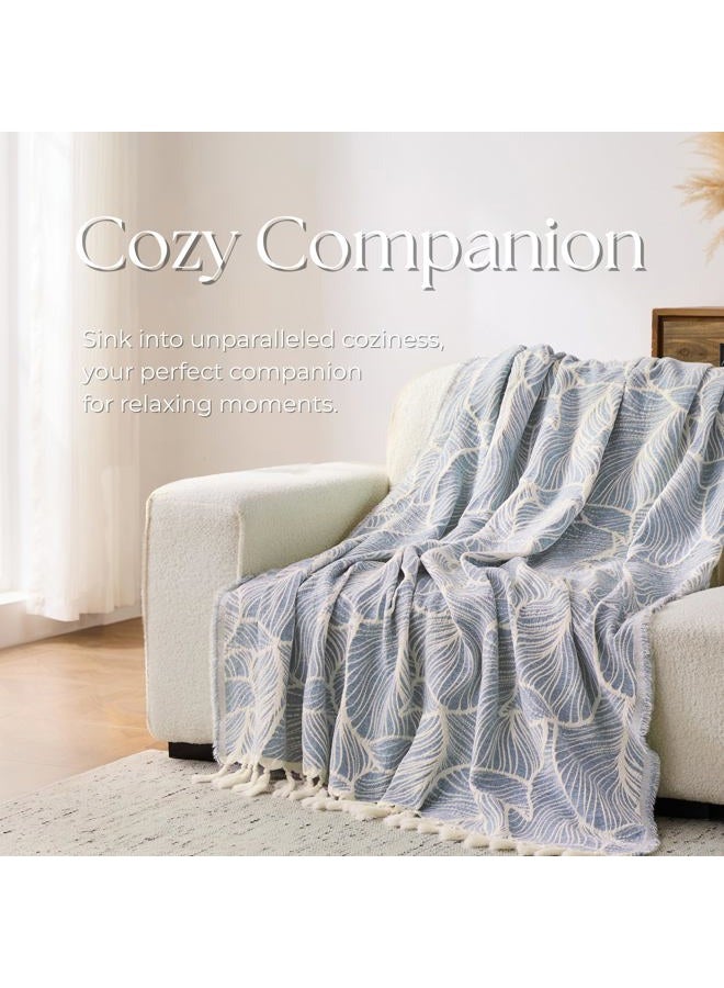 DOWN HOME Boho Blanket for Couch, Chenille Cotton Lightweight Blanket for Bed Sofa Chair Living Room Outdoor Soft Cozy Home Decorative Throw with Tassel Gift Blue Leaves 60"x80" - Image 4