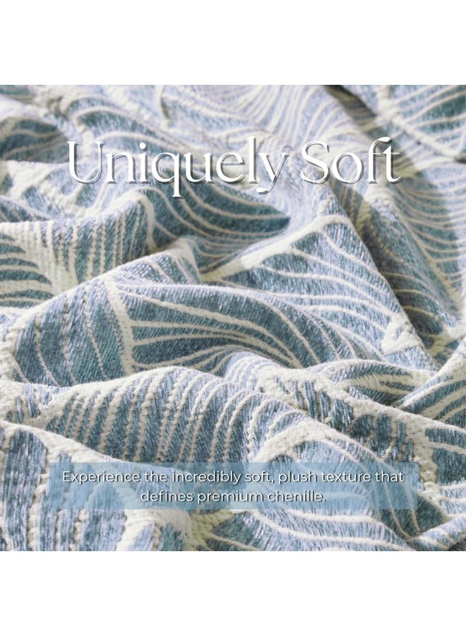 DOWN HOME Boho Blanket for Couch, Chenille Cotton Lightweight Blanket for Bed Sofa Chair Living Room Outdoor Soft Cozy Home Decorative Throw with Tassel Gift Blue Leaves 60"x80" - Image 3