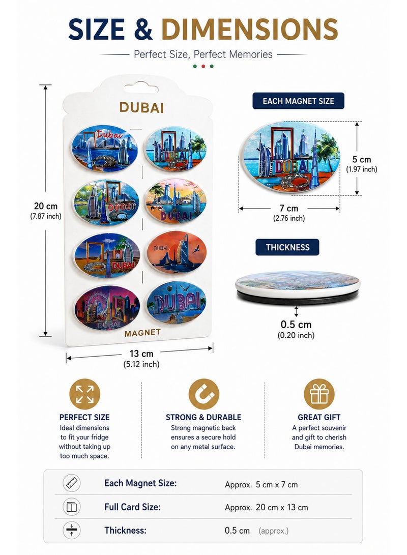 مجموعة مغناطيس ثلاجة تذكارية من دبي – 8 قطع بتصميم بيضاوي ملون لمعالم الإمارات وهدايا السفر - Image 2