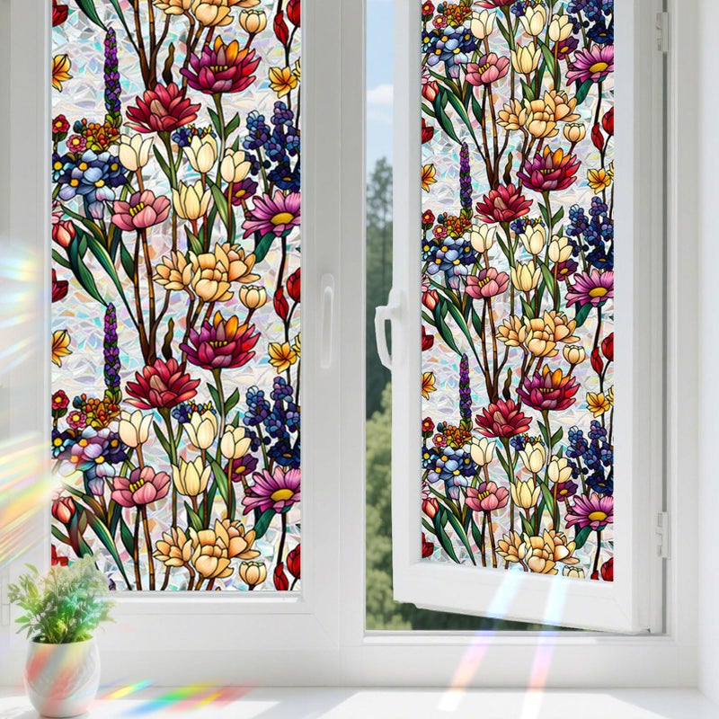Aomkmi Stained Glass Privacy Window Film, 2PCS UV Resistant Heat Control Static Cling Decal, Vintage Flower Sun Blocking Film Bathroom Bedroom Sunroof Decor, 17 x 78.74 Inch - Image 1