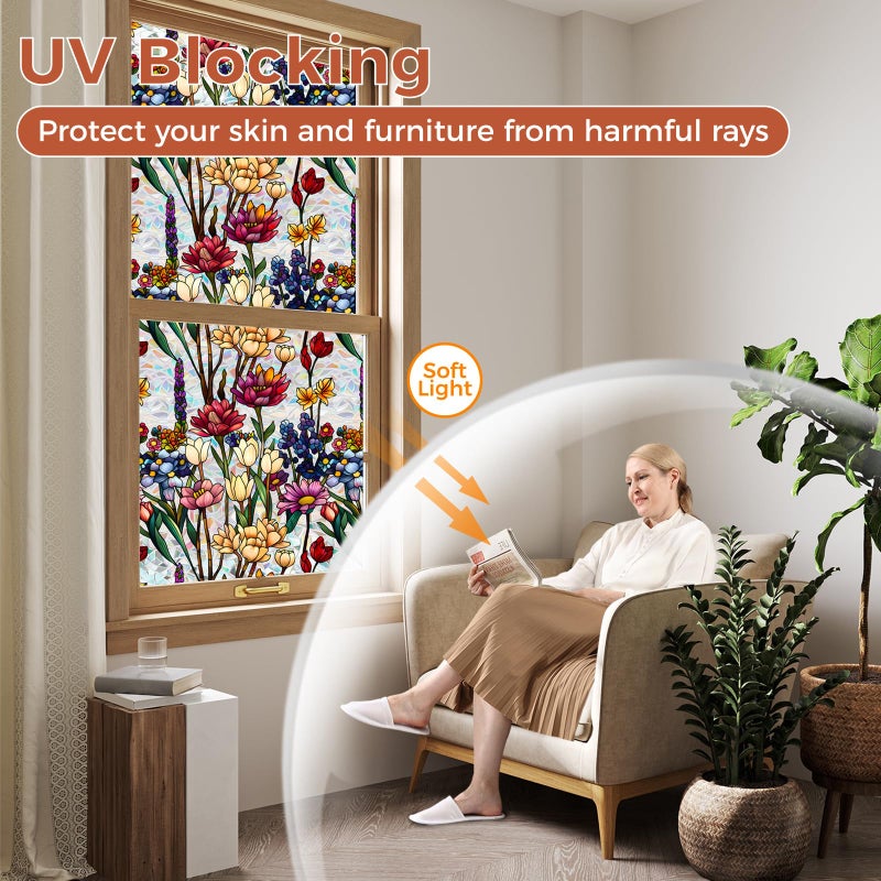 Aomkmi Stained Glass Privacy Window Film, 2PCS UV Resistant Heat Control Static Cling Decal, Vintage Flower Sun Blocking Film Bathroom Bedroom Sunroof Decor, 17 x 78.74 Inch - Image 3