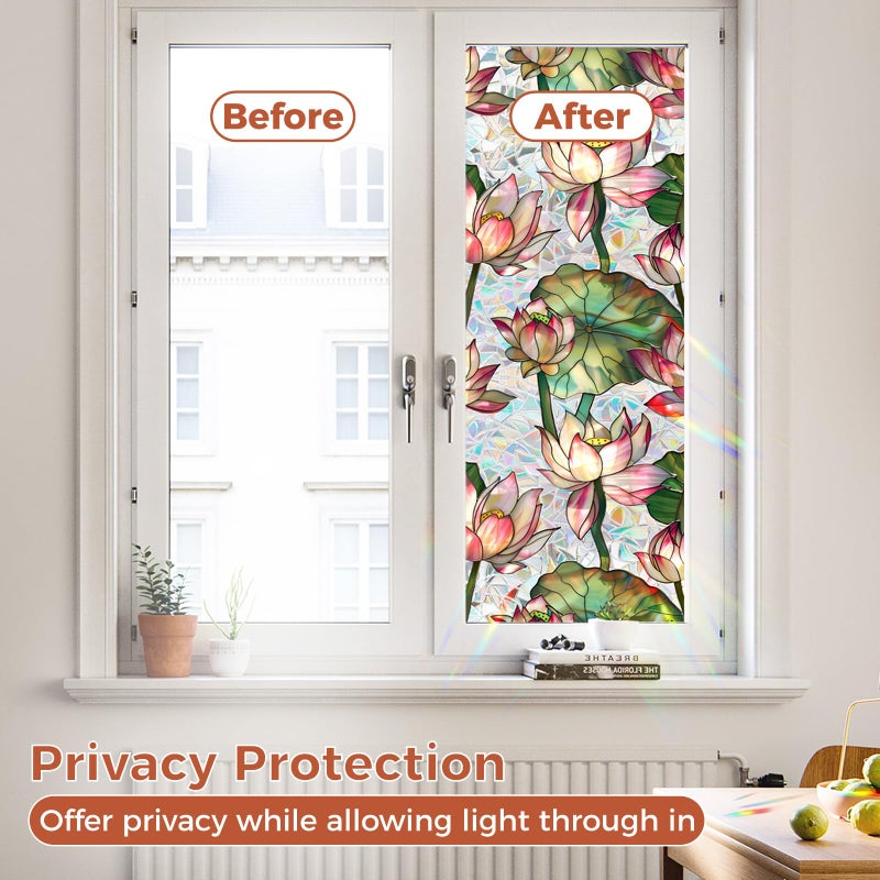 Aomkmi Stained Glass Privacy Window Film, 2PCS UV Resistant Heat Control Static Cling Decal, Vintage Flower Sun Blocking Film Bathroom Bedroom Sunroof Decor, 17 x 78.74 Inch - Image 4