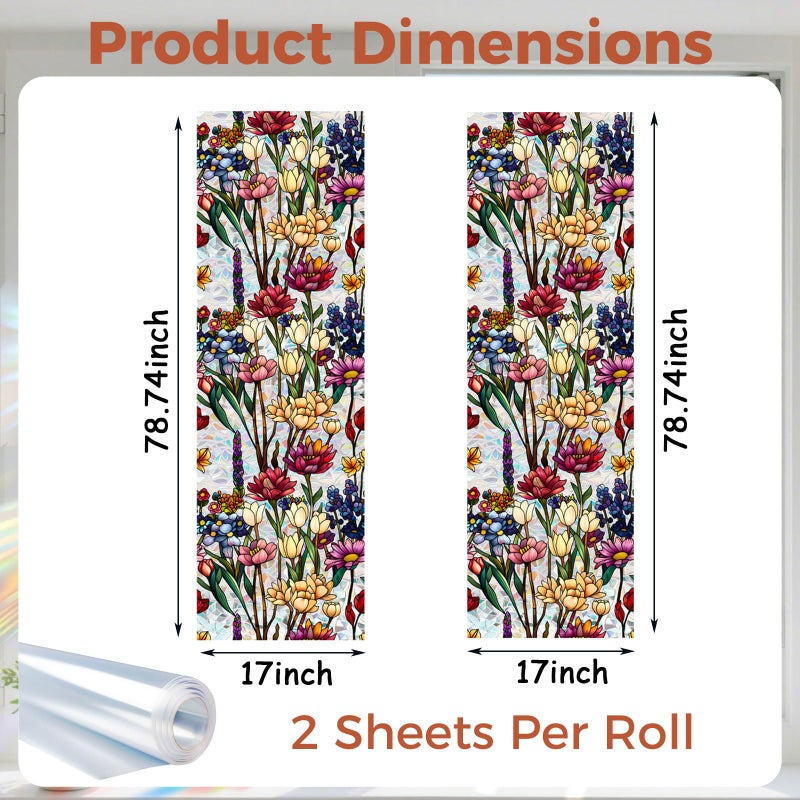 Aomkmi Stained Glass Privacy Window Film, 2PCS UV Resistant Heat Control Static Cling Decal, Vintage Flower Sun Blocking Film Bathroom Bedroom Sunroof Decor, 17 x 78.74 Inch - Image 2