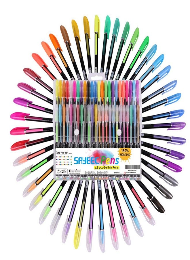 SAYEEC 48 Packs Glitter Metallic Gel Pen Set Coloring Neon Pens Set for Adult Coloring Books Art Drawing Writing 1.0mm Tip -12 Metallic,12 Glitter,12 Neon,12 WaterChalk - Image 1