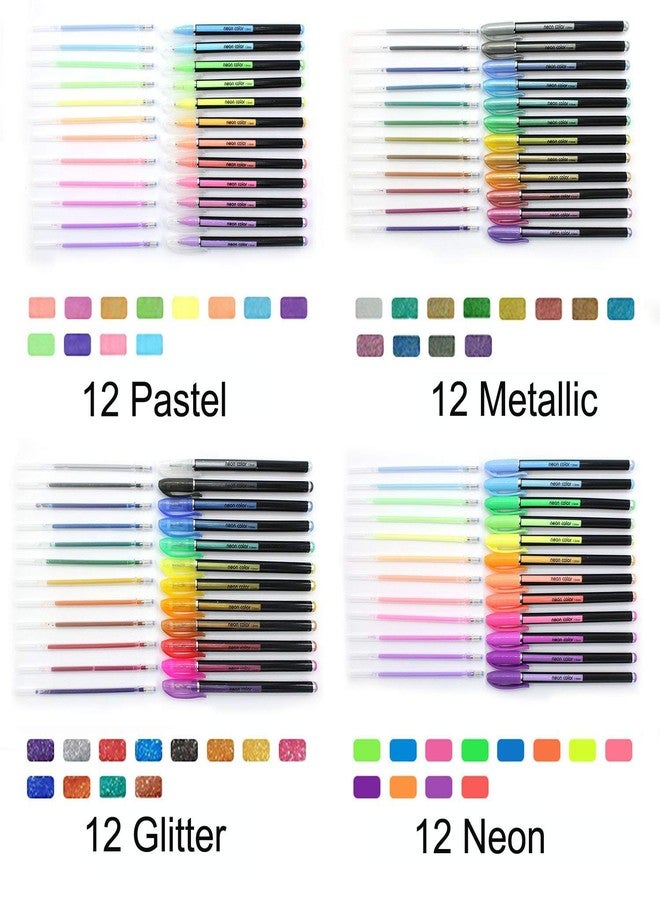 SAYEEC 48 Packs Glitter Metallic Gel Pen Set Coloring Neon Pens Set for Adult Coloring Books Art Drawing Writing 1.0mm Tip -12 Metallic,12 Glitter,12 Neon,12 WaterChalk - Image 3