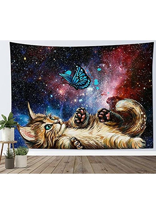 LB Cat Butterfly Tapestry Neblua Galaxy Starry Night Sky Tapestry Wall Hanging Fantasy Cool Kittee Playing With Teal Butterflies Wall Art For Bedroom Living Room Dorm Home Decor 60 X 40 Inch  - Image 1