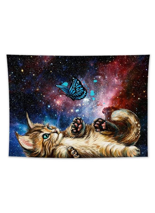 LB Cat Butterfly Tapestry Neblua Galaxy Starry Night Sky Tapestry Wall Hanging Fantasy Cool Kittee Playing With Teal Butterflies Wall Art For Bedroom Living Room Dorm Home Decor 60 X 40 Inch  - Image 4