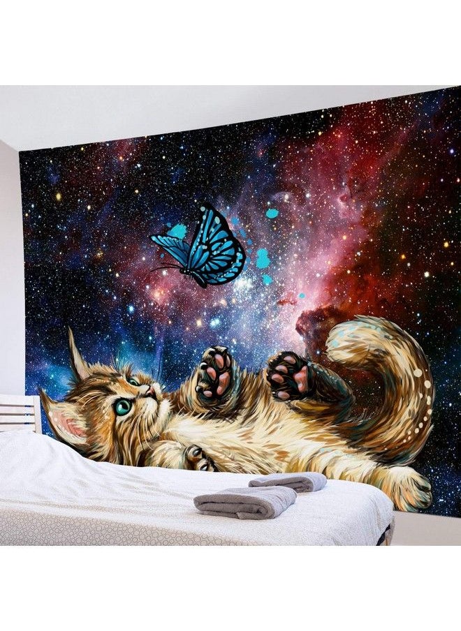 LB Cat Butterfly Tapestry Neblua Galaxy Starry Night Sky Tapestry Wall Hanging Fantasy Cool Kittee Playing With Teal Butterflies Wall Art For Bedroom Living Room Dorm Home Decor 60 X 40 Inch  - Image 3