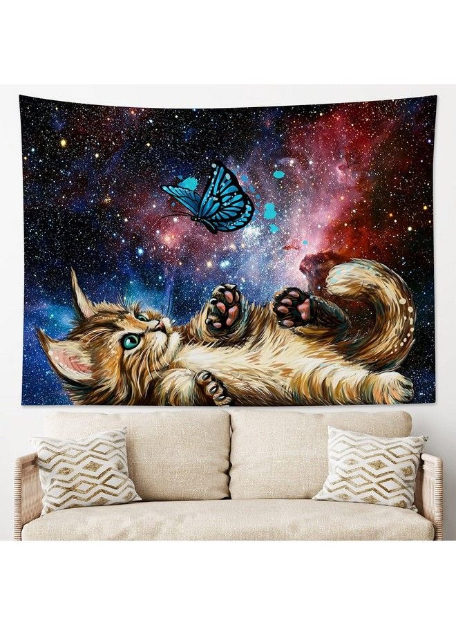 LB Cat Butterfly Tapestry Neblua Galaxy Starry Night Sky Tapestry Wall Hanging Fantasy Cool Kittee Playing With Teal Butterflies Wall Art For Bedroom Living Room Dorm Home Decor 60 X 40 Inch  - Image 5