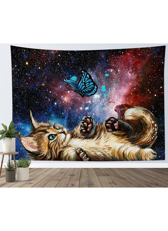 LB Cat Butterfly Tapestry Neblua Galaxy Starry Night Sky Tapestry Wall Hanging Fantasy Cool Kittee Playing With Teal Butterflies Wall Art For Bedroom Living Room Dorm Home Decor 60 X 40 Inch  - Image 2