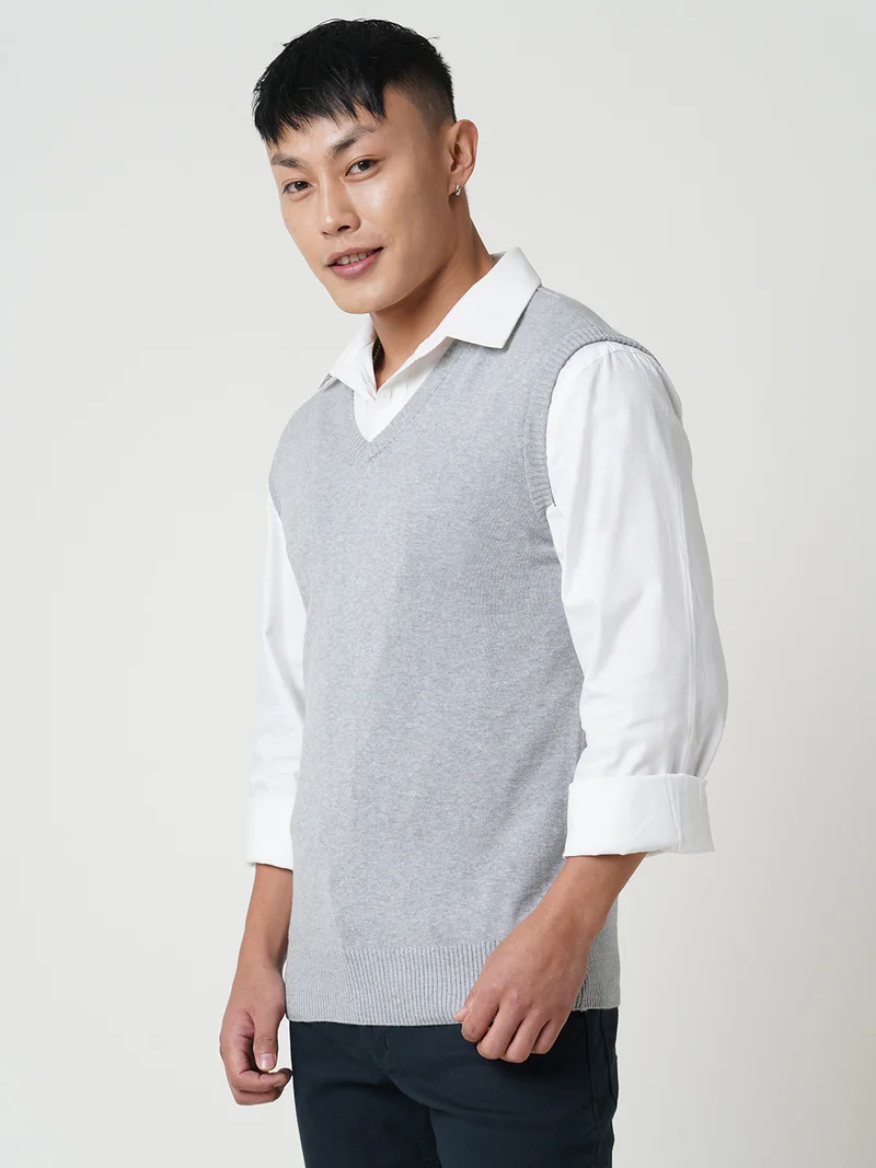 globus Globus Men Grey Melange V-Neck Sleeveless Cotton Knitted Ribbed Hem Sweater Vest