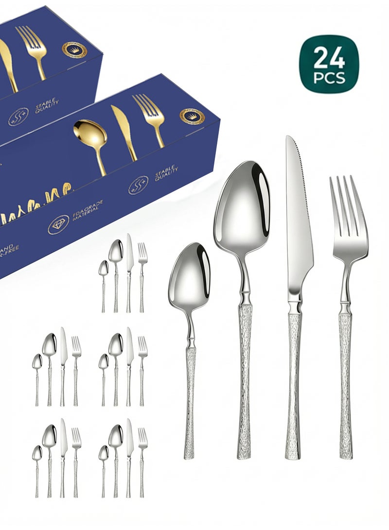 CUBEXELL 24-Piece Stainless Steel Cutlery Set - Dinner Knives, Forks, Soup Spoons & Teaspoons with Embossed Textured Handle, Mirror Polished Silver Flatware Set for 6 Persons - Image 1