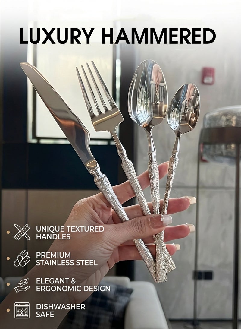 CUBEXELL 24-Piece Stainless Steel Cutlery Set - Dinner Knives, Forks, Soup Spoons & Teaspoons with Embossed Textured Handle, Mirror Polished Silver Flatware Set for 6 Persons - Image 2