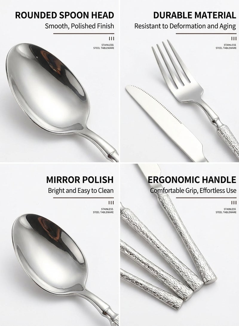 CUBEXELL 24-Piece Stainless Steel Cutlery Set - Dinner Knives, Forks, Soup Spoons & Teaspoons with Embossed Textured Handle, Mirror Polished Silver Flatware Set for 6 Persons - Image 3
