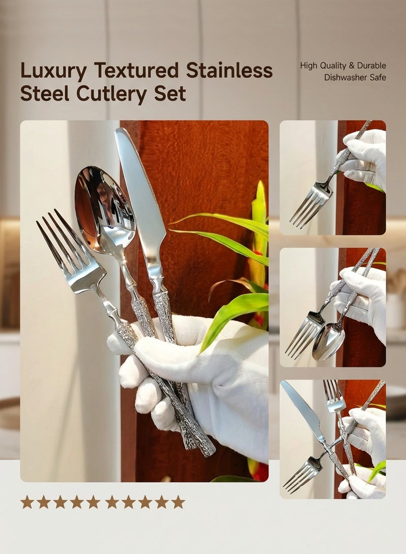 CUBEXELL 24-Piece Stainless Steel Cutlery Set - Dinner Knives, Forks, Soup Spoons & Teaspoons with Embossed Textured Handle, Mirror Polished Silver Flatware Set for 6 Persons - Image 4