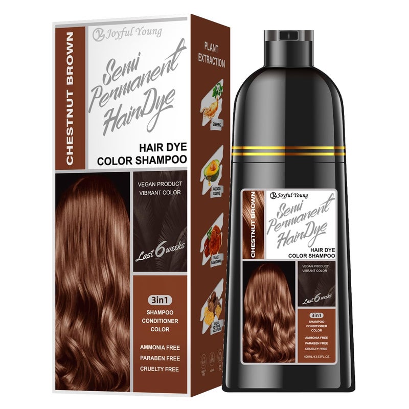 Joyful Young Hair Dye Shampoo 3-in-1, Chestnut Brown Semi-Permanent Gray Hair Coverage, Color Depositing Shampoo for Women & Men, Vegan, Ammonia-Free - Image 1