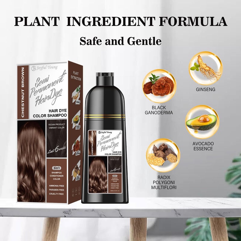 Joyful Young Hair Dye Shampoo 3-in-1, Chestnut Brown Semi-Permanent Gray Hair Coverage, Color Depositing Shampoo for Women & Men, Vegan, Ammonia-Free - Image 2