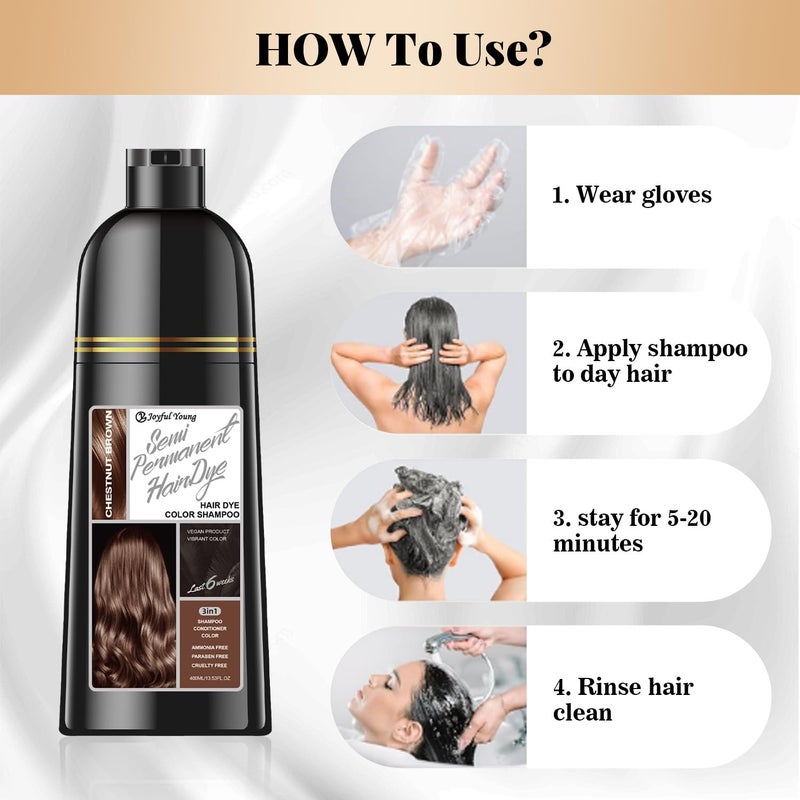 Joyful Young Hair Dye Shampoo 3-in-1, Chestnut Brown Semi-Permanent Gray Hair Coverage, Color Depositing Shampoo for Women & Men, Vegan, Ammonia-Free - Image 4