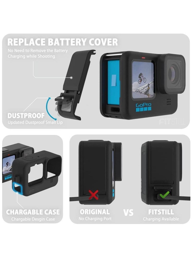 Captaintech Silicone Sleeve Case for Go Pro Hero 11 /Hero 10 /Hero 9 Black, Battery Side Cover & Screen Protectors & Lens Caps & Lanyard for Go Pro Hero 11 /10 / 9 Accessories Kit - Image 2