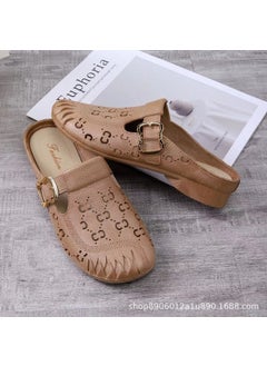 Casual Summer Womens Slippers Home Use Beach Shoes One Step Lazy Shoes New Style Plaid Pattern Adults PVC Material Caramel color