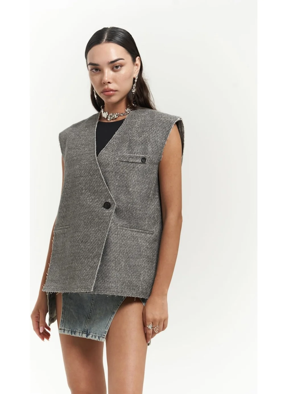 Mai Collection Faven Gray Side Slit Detail Vest