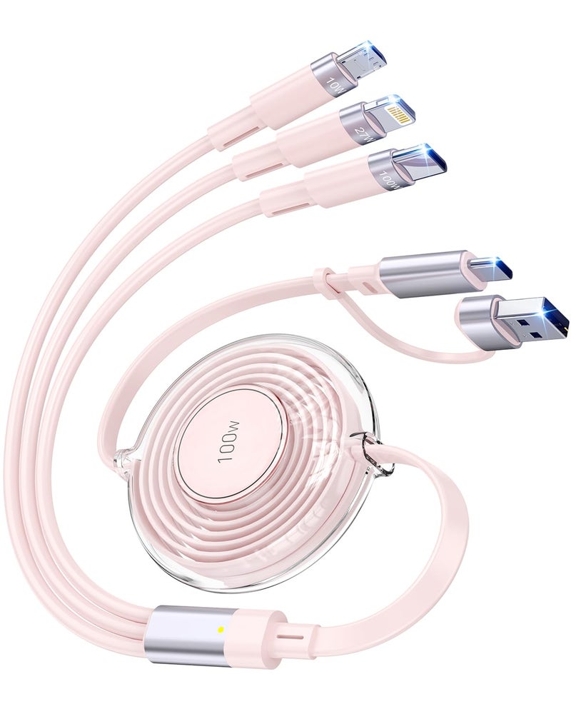 Ulyuhoda 100W 6-in-1 Retractable Multi Charging Cable, USB C/Lightning/Micro Multi Charger Cords for iPhones, iPads, MacBook, Tablets, Galaxy, Note & More - 4Ft/1.2M 5A Fast Charging, Durable & Portable, Pink - Image 1