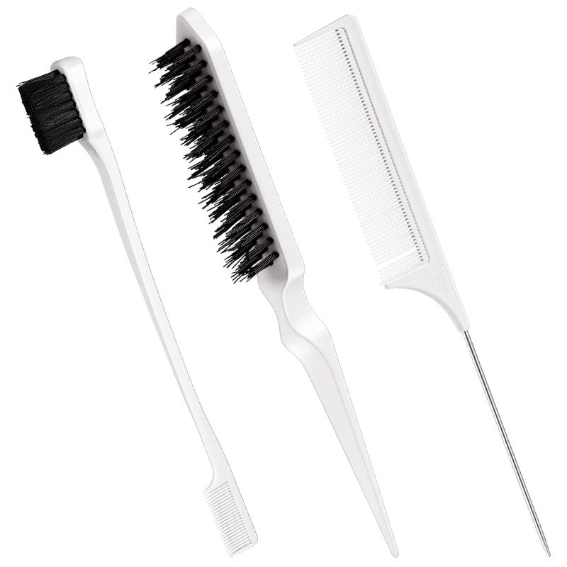 Geiserailie 3 Pcs Slick Back Hair Brush Set Bristle Brush Edge Control Teasing Comb for Women Black HairWhite