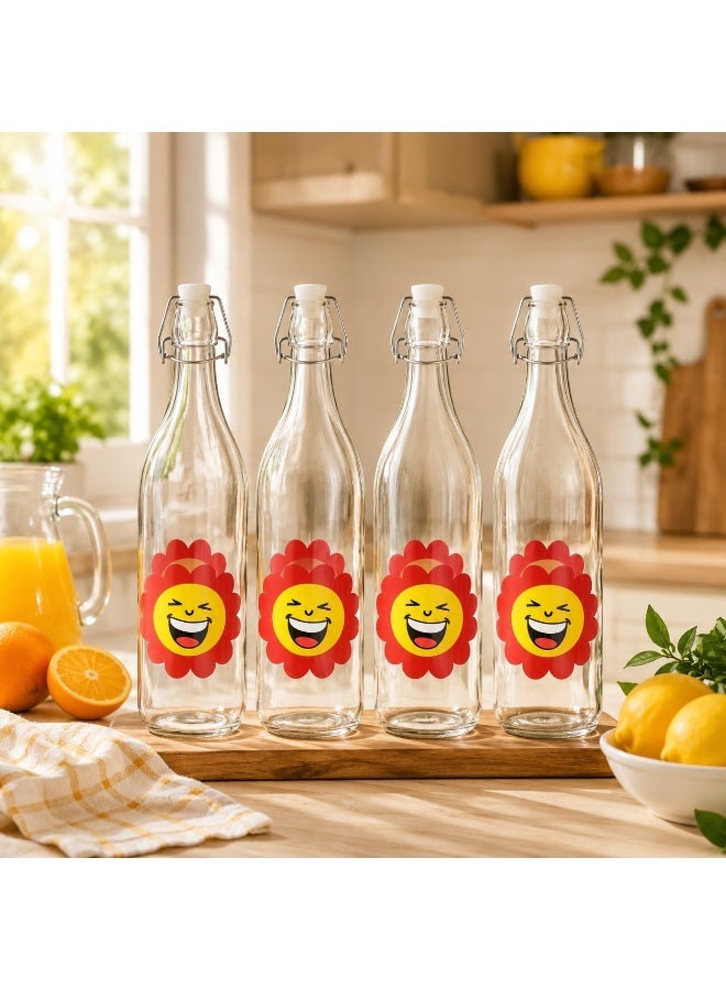 Set of 4 glass bottles with airtight lids – Fun Smile design 🌼😊 Multi-purpose for drinks, oil, and vinegar - Image 1