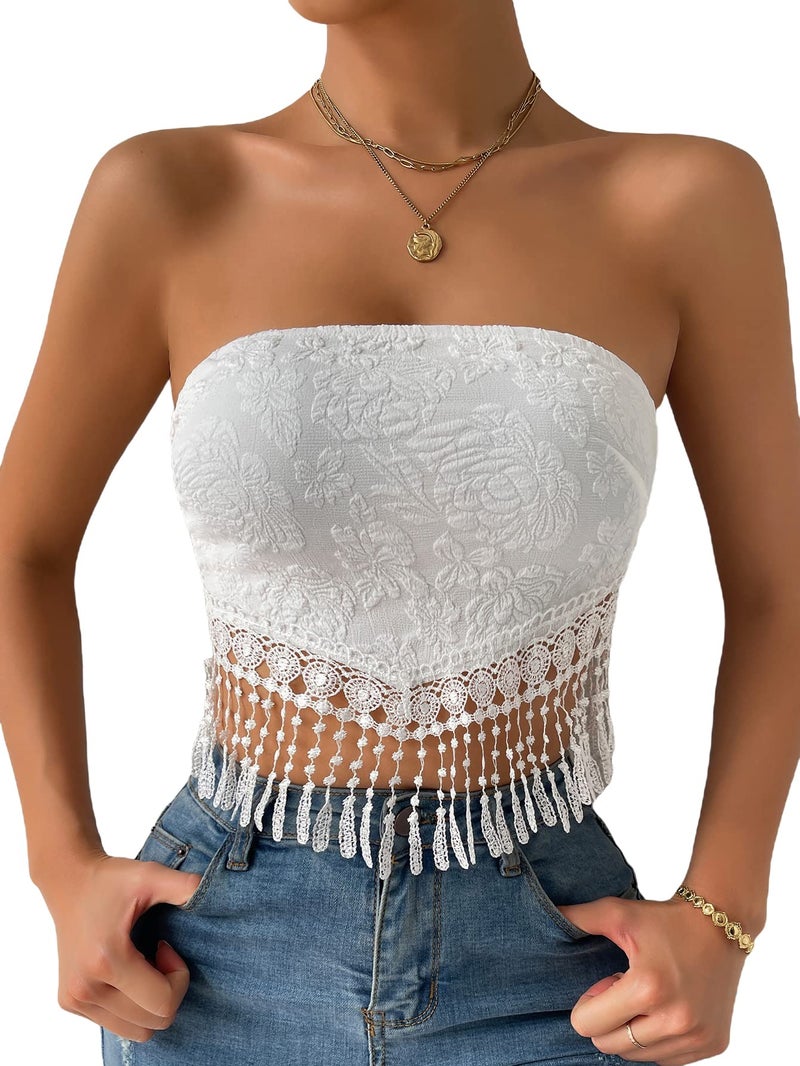 MakeMeChic Women's Boho Crop Tube Top Floral Tie Back Cute Bandana Tops White M - Image 1